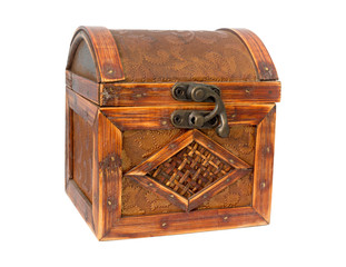 Wooden jewelry chest, closed. Isolated on white background