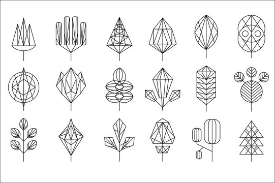 Geometrical leaves and trees big set, collection of graphic design elements vector illustration