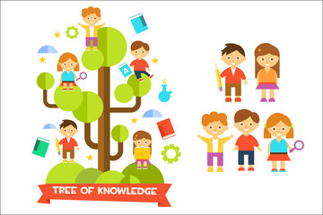 Obraz na płótnie Canvas Tree of knowledge with boys ad girls, education concept vector illustration