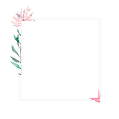 Obraz premium Wedding Invitation, floral invite card, pink flowers and green leafs geometric. Rhombus Rectangle frame. White square background. watercolor. Greeting card, tropical set. Living coral