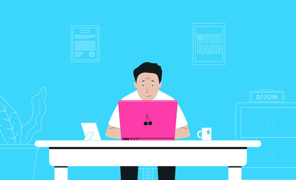 Working Place, Remote Work Concept, Freelancing, Tired Man Working. Vector Illustration
