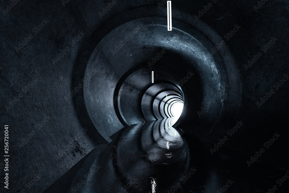 Poster 3d rendering of concrete round tunnel with light at the end