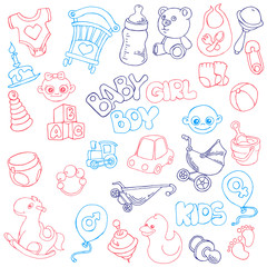 Fototapeta na wymiar Vector hand drawn set of Newborn Baby Care cartoon doodle objects and items. 