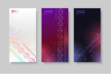 Abstract posters with luminous DNA molecule, neon helix on color background.