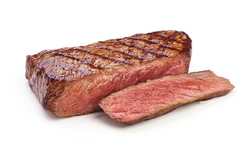 Freshly medium rare grilled beef steak, fried meat, close-up, isolated on white background