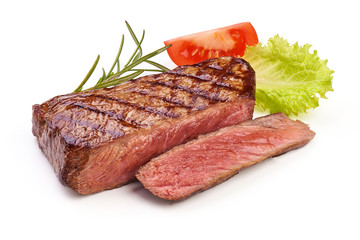Grilled juicy medium rare beef steak, fried meat, close-up, isolated on white background