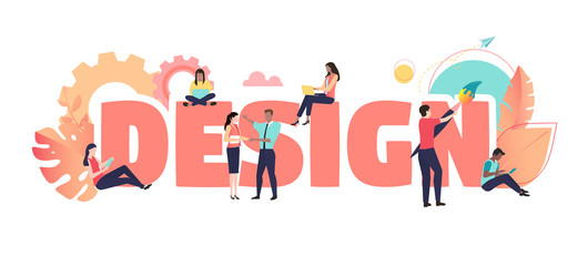 Design, coral poster with people creating new project. Teamwork, art, web and graphic design.