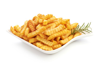 Potato fry, French fried potato fries, close-up, isolated on white background