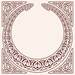 Vector circular ornament in modern style. Brown drawing isolated on beige background.