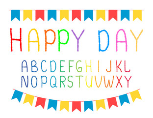 Alphabet, simple letters drawn by hand. Imitation of chalk. Festive garlands, flags. Vector