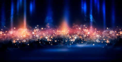 Dark background with multicolored bokeh, gradient and abstract bokeh light. Magic twinkling sparkles.