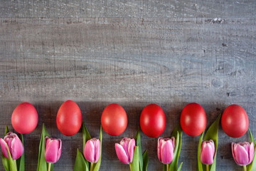 Obraz premium Kolorwe pisanki, różowe tulipany - wielkanocne tło