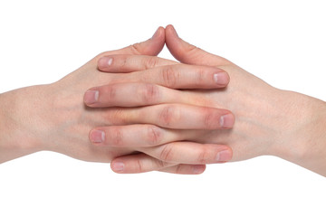 Two human join hands together isolated on white background, collaboration of business concept, teamwork concept, union concept, solidarity concept.