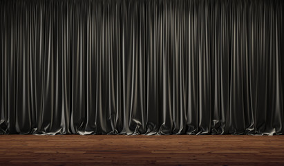 Empty theater stage with black curtains. 