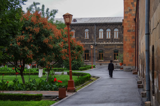 Garden of Cathedral of Holy Etchmiadzin, one of the oldest churches in the world, Etchmiadzin monastery complex. Vagharshapat in Armenia