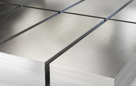 Steel sheets. Piles of steel metal in stock. 3d illustration.