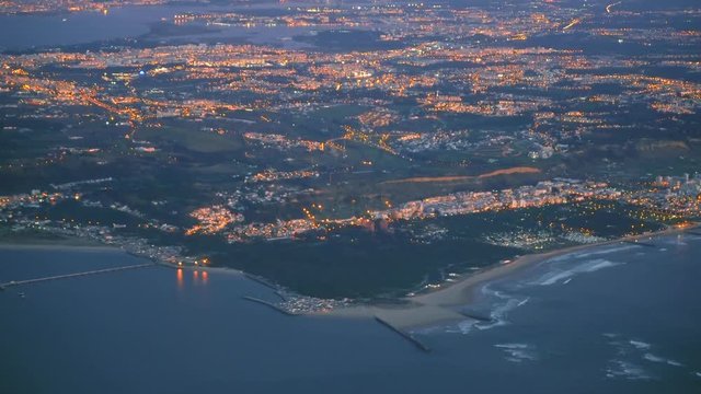 Aerial view of Costa da Caparica beaches and city Almada Lisbon. Trafaria Torrao and Cova do Vapor. Coastal area with best beaches near Lisbon