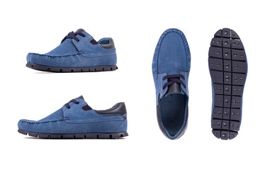 Men's blue moccasins, loafers isolated white background. Side view, top view and sole.