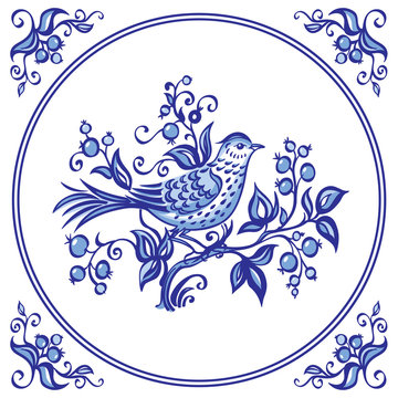 Bird on the bush with berries, decor or painting in the Dutch style, pattern for tiles and other designs.