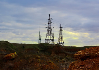 Electricity station in center, Close up high voltage power lines at sunset. electricity distribution station