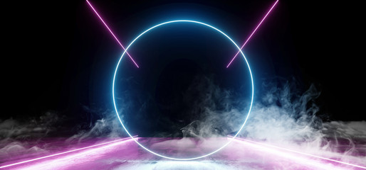 Smoke Circle Neon Dark Grunge Concrete Background Asphalt Optical Illusion Fluorescent Purple Blue Vibrant Glowing Empty Space Sci Fi Futuristic Spaceship Stage 3D Rendering