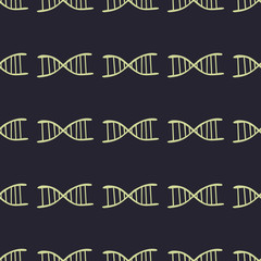 Cute color vector seamless pattern. Yellow, white dna icon isolated on dark, black background. Unique abstract texture for cards, wrapping paper, textile. Medicine, chemistry, biology, gene