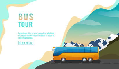 Landing page design, banner with bus tour, tourism concept, yellow bus on road, beautiful sky and mountains, vector © MarySan