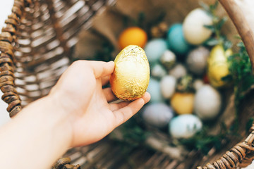 Easter hunt concept. Hand holding golden Easter egg and stylish eggs with green buxus branches in rustic wicker basket on white wooden background. Happy Easter.