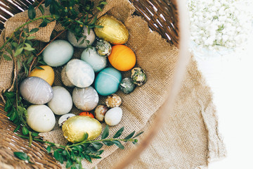 Easter hunt. Happy Easter. Stylish Easter eggs and green buxus branches in rustic wicker basket on white wooden background. Modern gold easter candy and eggs painted with natural dye