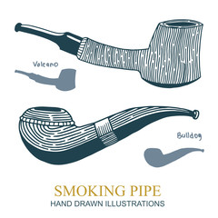 Smoking pipe. Tobacco pipe hand drawing vintage style illustrations. Part of set.