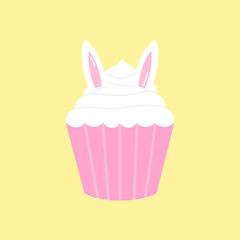 Cute Easter, spring cupcake vector illustration. Easter bunny cupcake, decorated with white frosting and rabbit ears. Isolated on yellow background.
