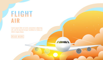 Landing page design, banner with flying airliner in sky with clouds, passenger aircraft, plane, tourism concept, vector