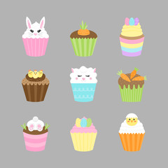 Easter, spring cupcakes vector illustration icon collection. Holiday, seasonal decorated cupcakes with frosting. Easter themed characters, candy and decorations. Isolated on grey background.