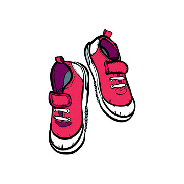 Sneakers shoes pair isolated. Hand drawn vector illustration of pink shoes.  Sport boots hand drawn for logo, poster, postcard, fashion booklet, flyer.  Vector sketch sneakers. Pink shoes. Stock Vector | Adobe Stock