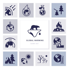 Global warming vector icons on the theme of ecology problems of our planet as a whole. Different variants of environmental icons in flat style isolated on background.