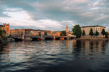 Fototapeta premium View of the Parliament, bridge and the Church of St. Nicholas in Stockholm in summer
