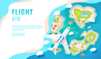 Landing page design, banner with airplane flying over tropical island, top view., passenger aircraft, plane, tourism concept, vector