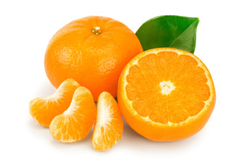 tangerine or mandarin fruit with leaves isolated on white background