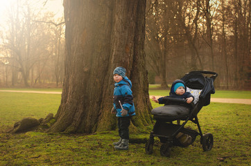 Two little brothers are in spring park watching the sunset