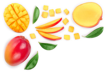 Mango fruit and half with slices isolated on white background with copy space for your text. Top view. Flat lay