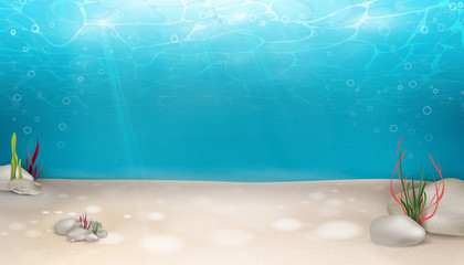 Underwater world nature scene background. Ocean, sea bottom life with blue water, seagrass, wave lights, bubbles of air, rays of sunshine. Marine undersea seascape backdrop. Summer. Blue underworld.