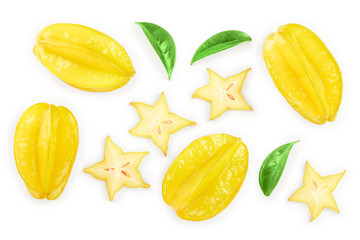 Carambola or star-fruit isolated on white background. Top view. Flat lay