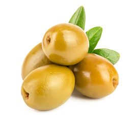 Green olives with leaves isolated on a white background