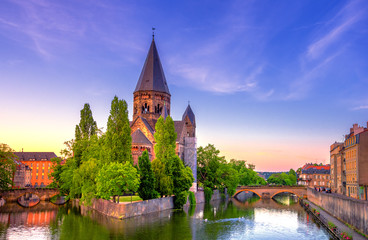 View of Metz with Temple Neuf at the Moselle River, Lorraine, France