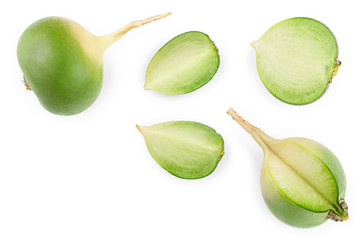 green radish with slices isolated on white background with copy space for your text. Top view. Flat lay