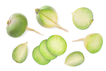 green radish with slices isolated on white background. Top view. Flat lay