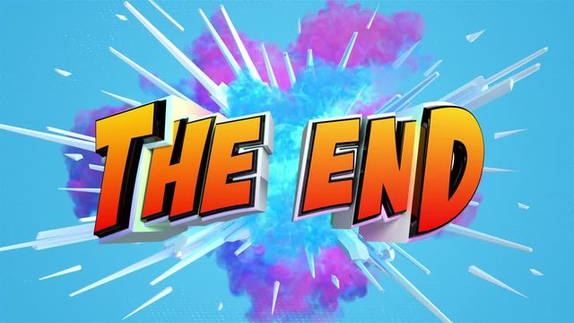 Comic explosion style animation of cartoon text The End