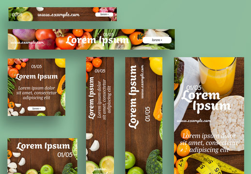 Web Banner Layout Set with Fruit and Vegetable Images