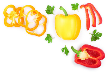 yellow orange and red sweet bell pepper isolated on white background with copy space for your text. Top view. Flat lay