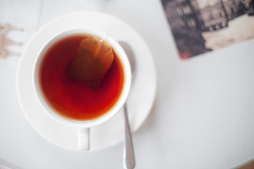 cup of tea with a bag of. Top view, copy space